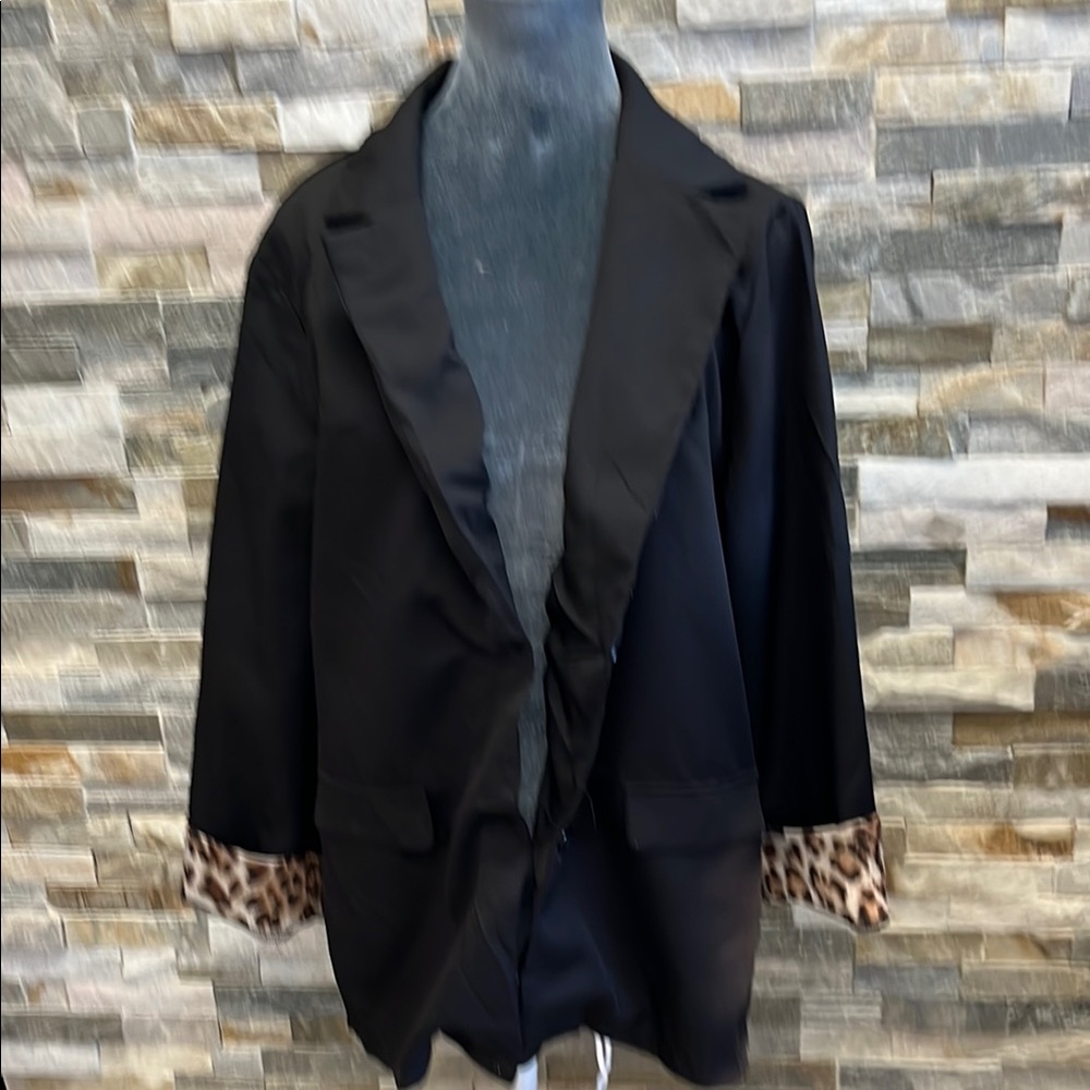 Women's Black Jacket with Leopard Print Cuffs